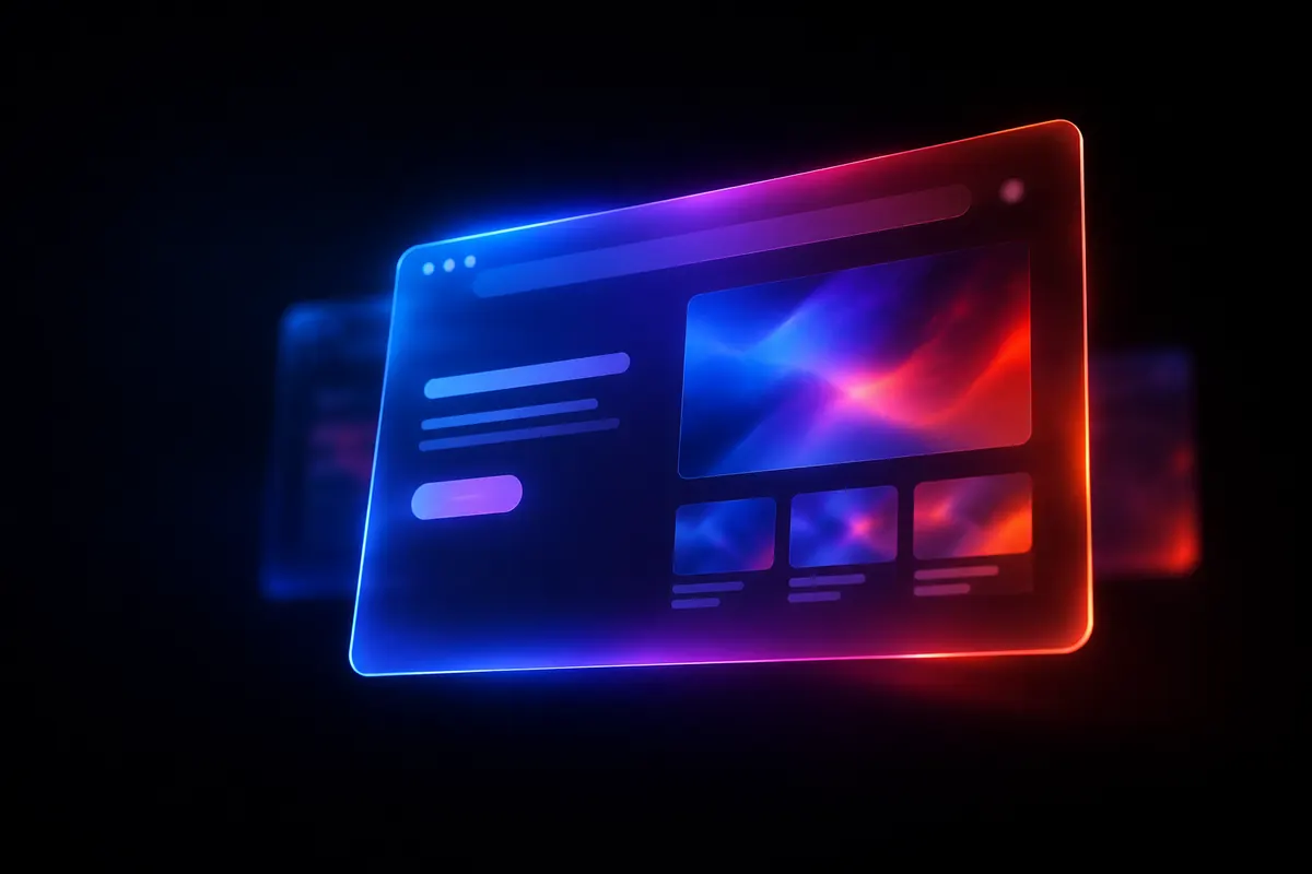 Interface de site internet en verre aux reflets bleu et rouge