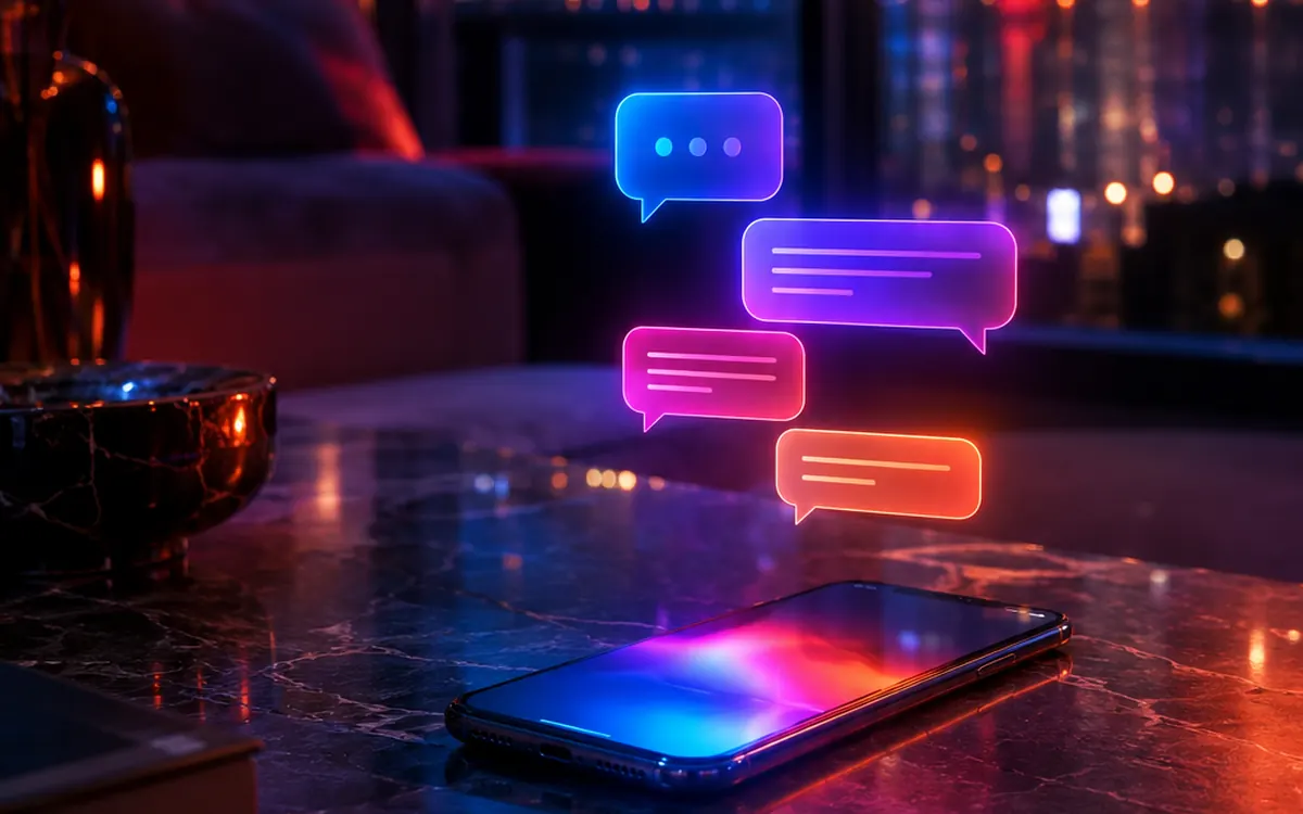 Smartphone posé sur une table, bulles de discussion lumineuses au-dessus